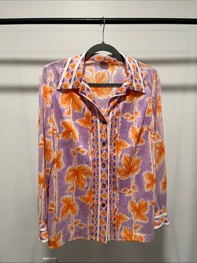 Vintage 70’s Vibrant Purple and Orange Floral Button-Front Blouse